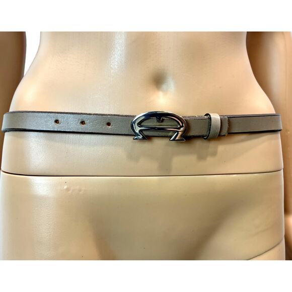 Vintage Aigner Taupe Leather Belt Silver Logo Buckle Minimal Chic USA